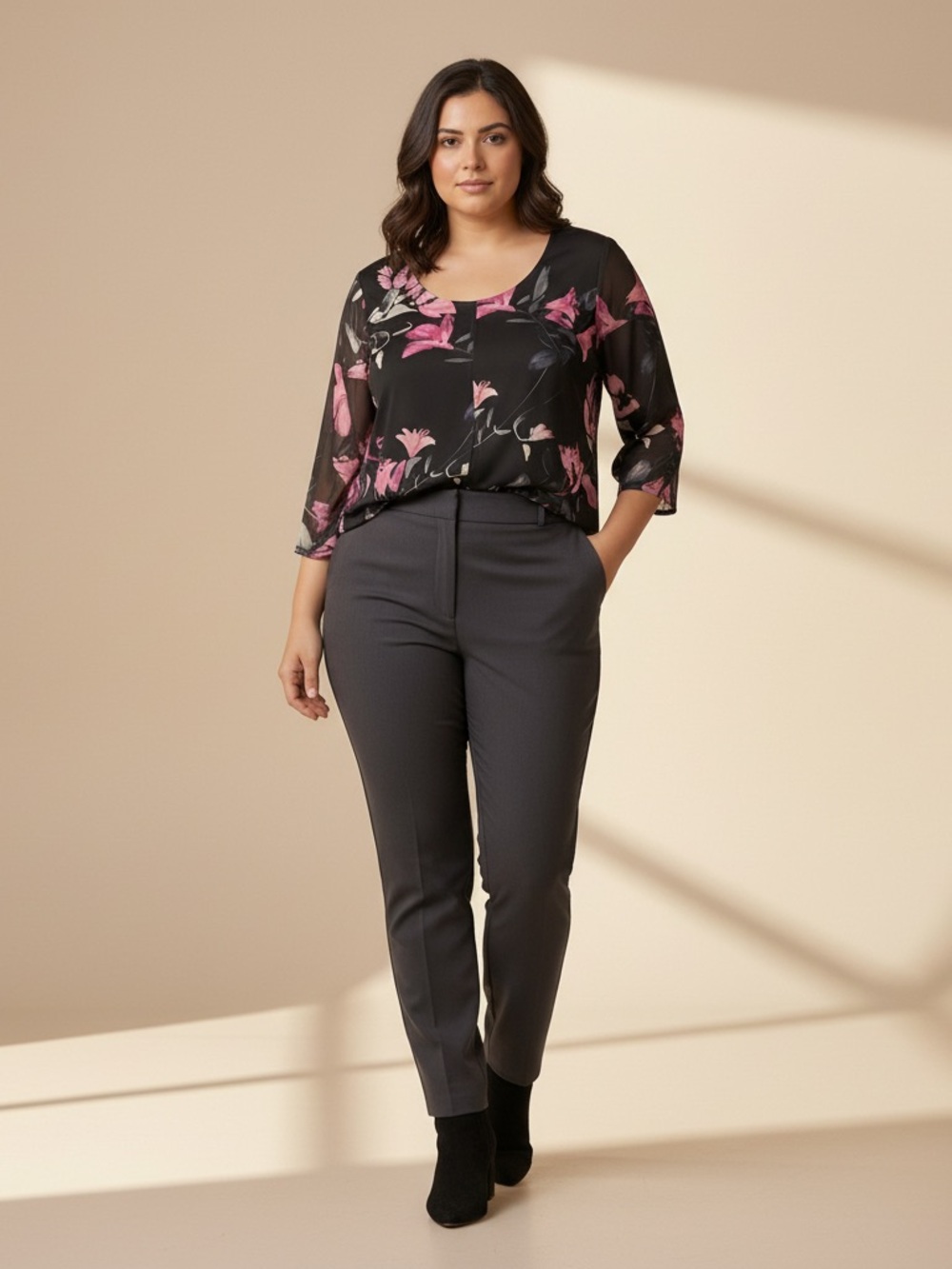 Laura Plus Black Floral Tunic with chiffon overly Pink Blossoms size 1x new